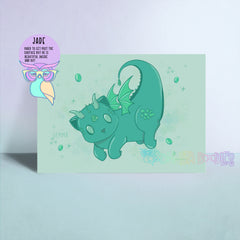 Turquoise dinosaur art print with bubble details on mint green background
