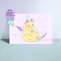 Dratz Hettie art print with pastel yellow cat character and purple dream text