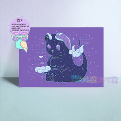 Purple art print featuring a cute purple creature with wings and clouds, with 'KIP' text