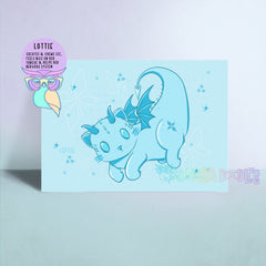 Blue whimsical cat art print with decorative snowflake stars and small text