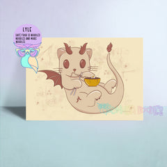 Dratz Lyle art print featuring a cartoon dragon cat holding a golden bowl