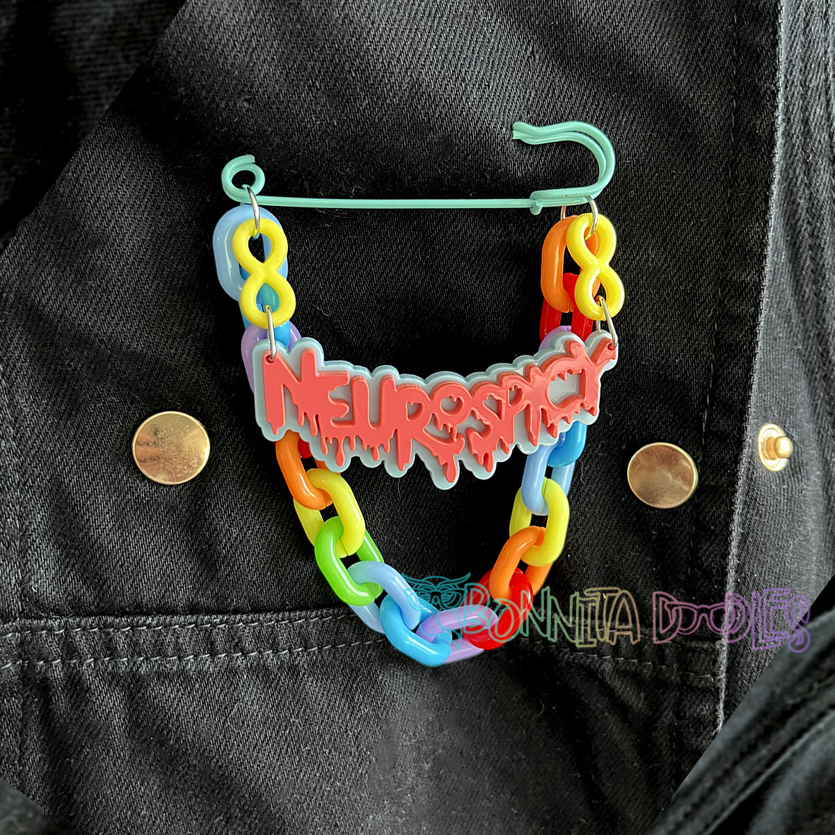 Pink, Blue & Rainbow chain | Neurospicy | Handmade 75mm Blue pin