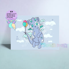 Blue cat art print with balloons, clouds, and decorative doodles on light background