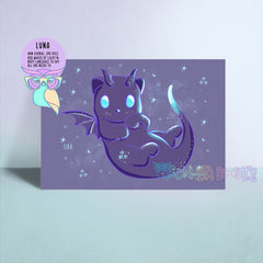 Purple cat art print with moon, stars, and sparkly cosmic illustration