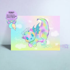 Pastel art print with cute dragon-cat character, rainbow glow, and FRENZY text