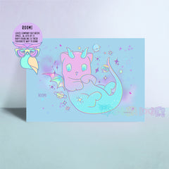 Pastel blue cartoon character art print with stars, hearts, and decorative line details