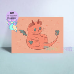 Dratz Ruby art print with orange cartoon cat on peach background, heart details
