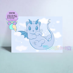 Light blue art print featuring a cute cartoon dragon with the name 'SERAFINA'