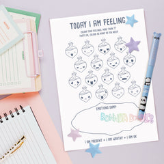 Feelings card with blue stars, potion icons, and 'Today I am Feeling' lettering