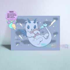 Blue cartoon dragon art print with lightning, stars, and bat wings