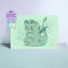 Cat cartoon art print with Wade character in green, illustrated leaves and stars