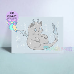 Dratz Wisp art print: gray kitten with wings and wisps, playful doodle lettering.