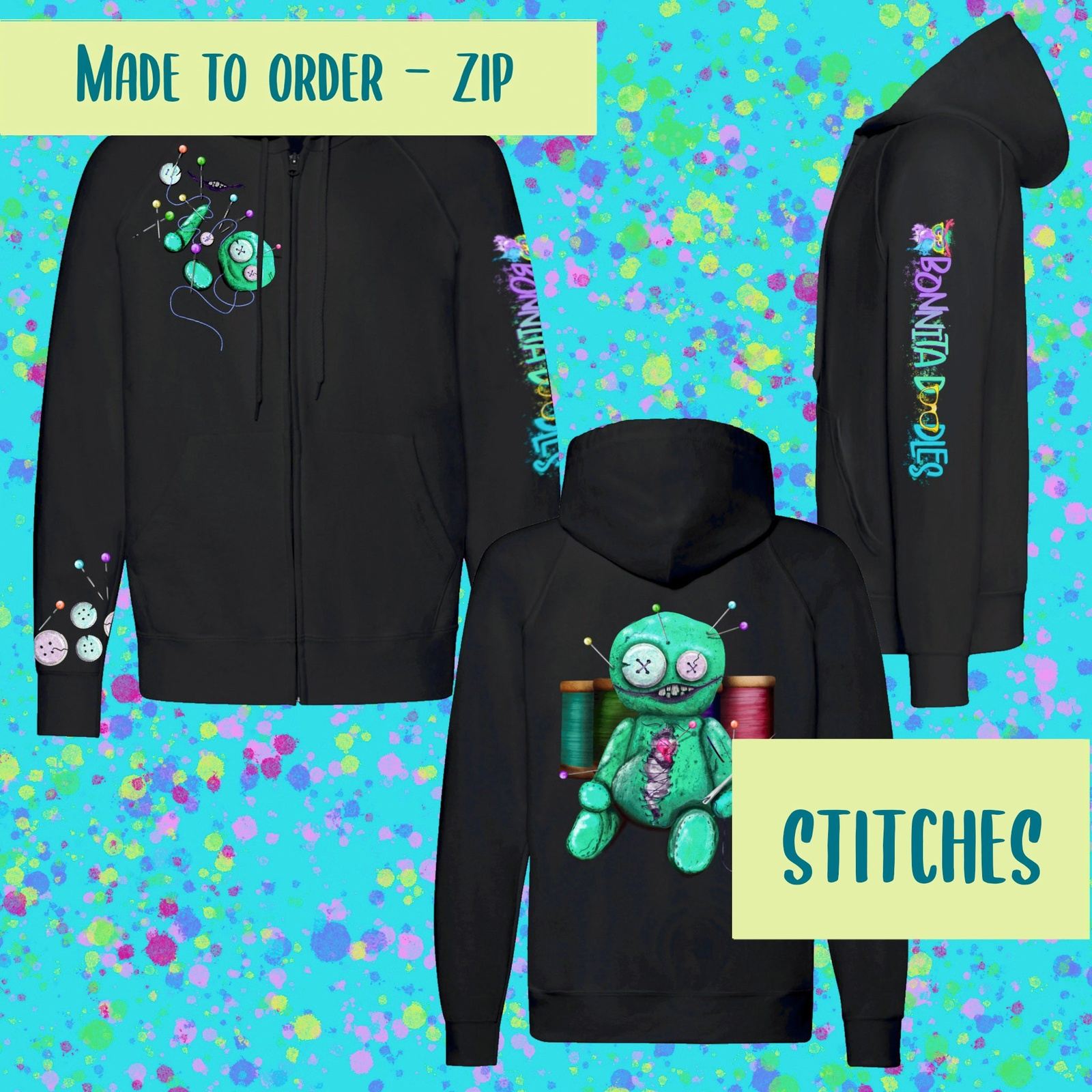 Stitches Voodoo doll unisex zip hoodie black ~ made to order