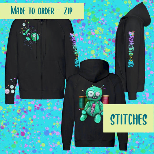 Stitches Voodoo doll unisex zip hoodie black ~ made to order