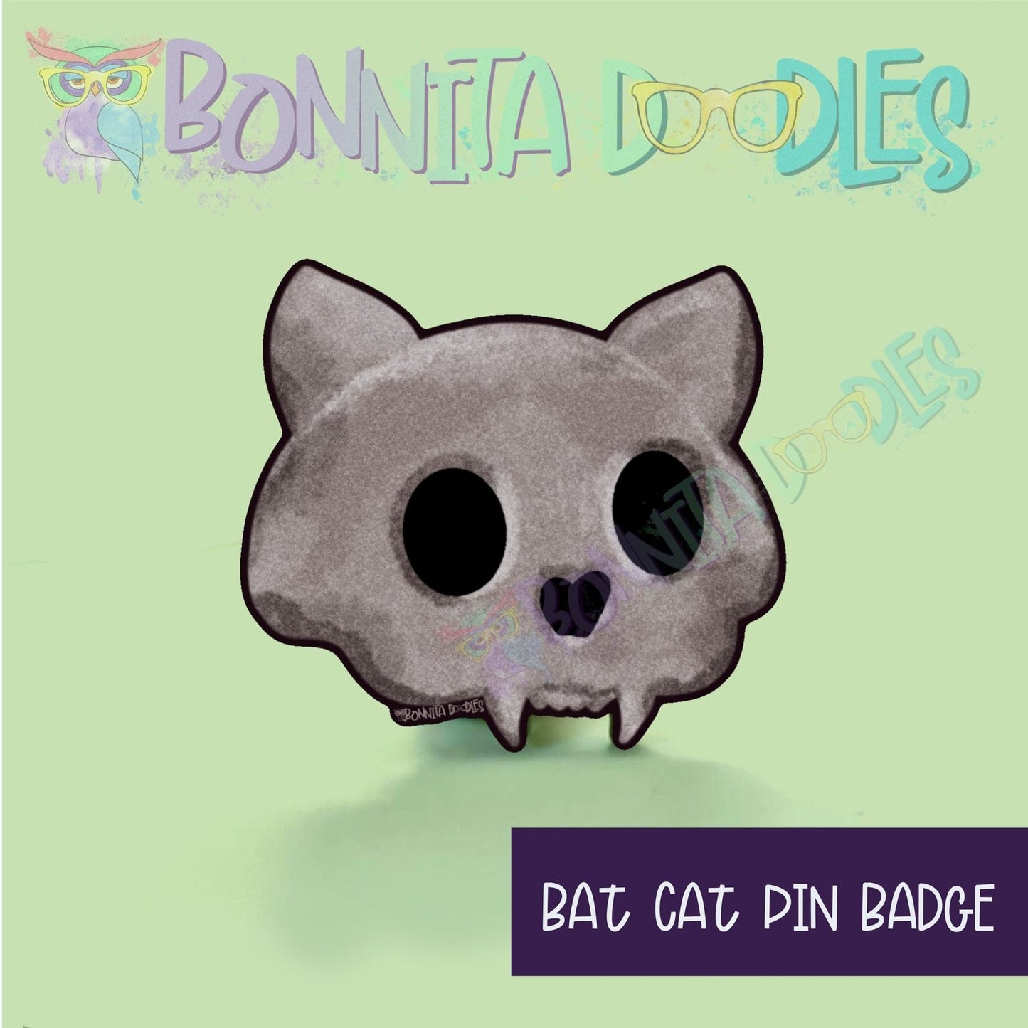 Bat Cat - cat skull- wooden pin badge