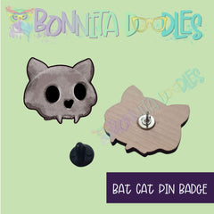 Bat Cat - cat skull- wooden pin badge