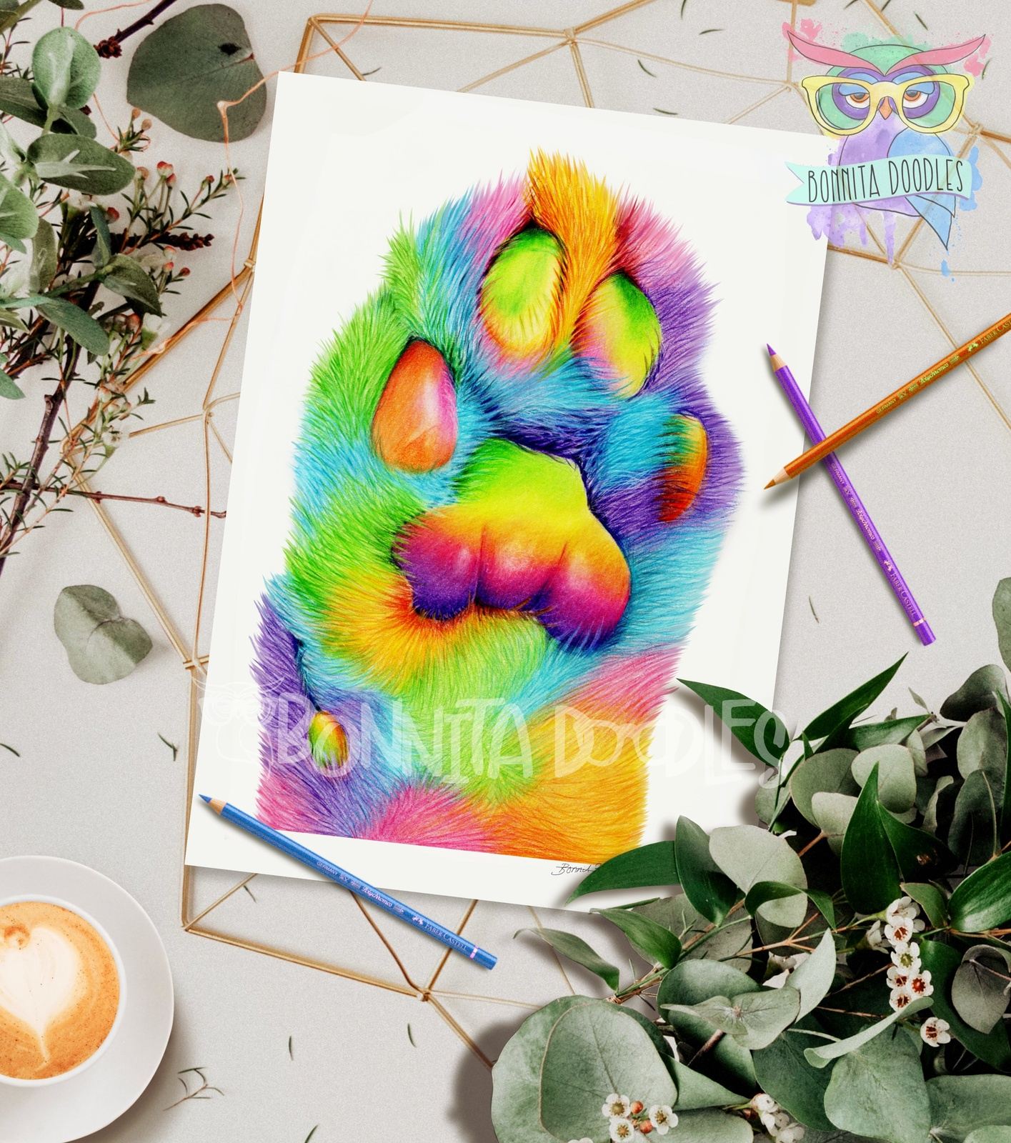 Rainbow toe-beans paw art home decor print