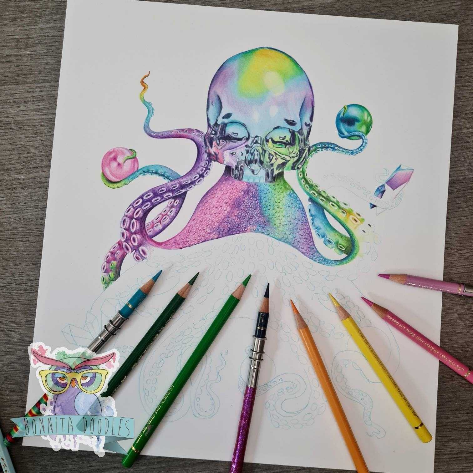 Skullypus Opal rainbow skull octopus print - Home art print