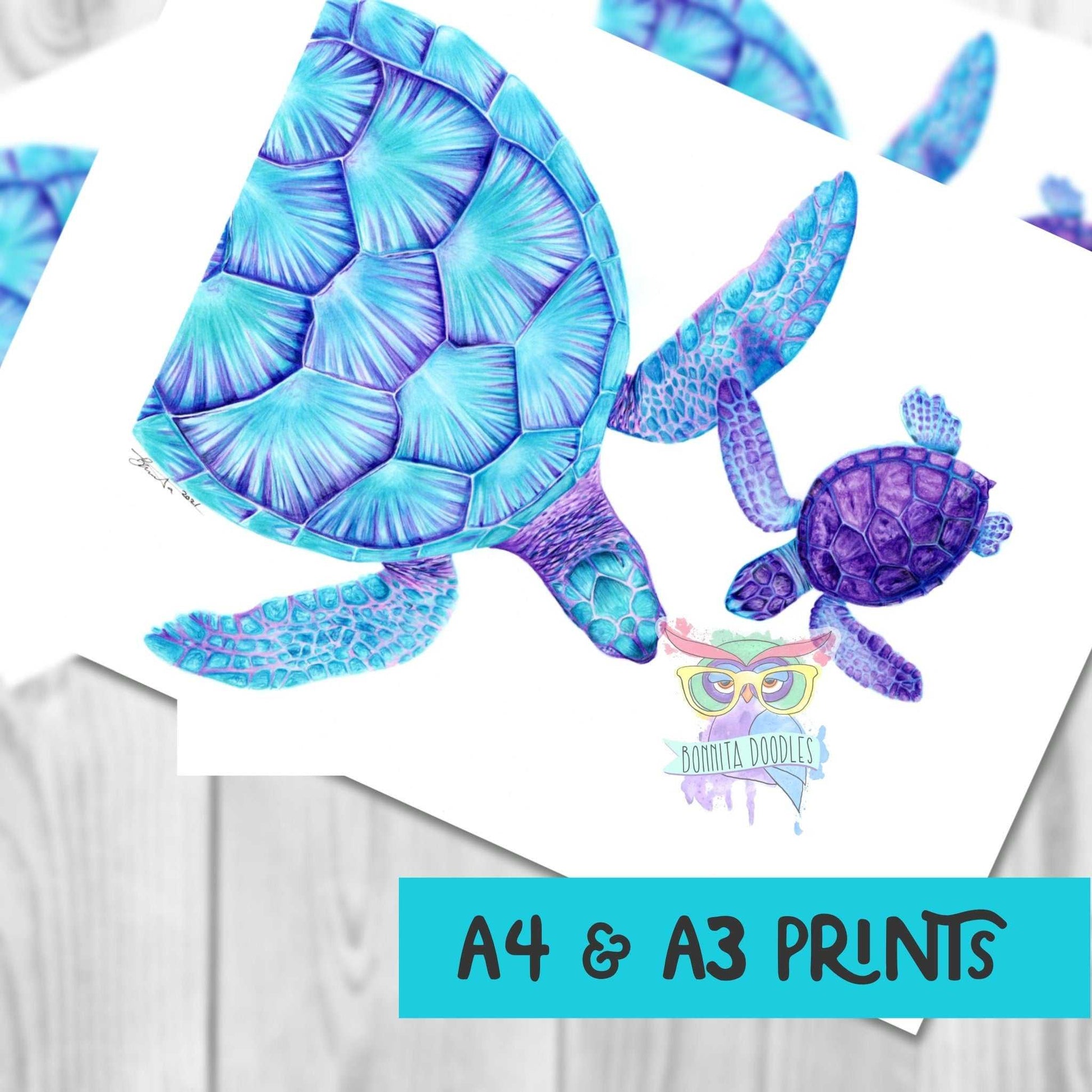 Sea turtle, mummy & baby - Sapphire Series. Home art print