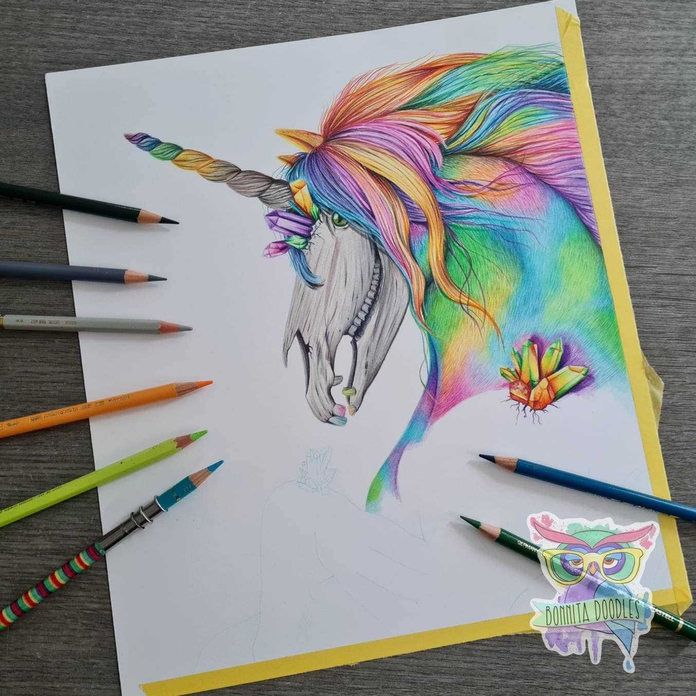 Skellycorn Opal rainbow skull unicorn print - home art print