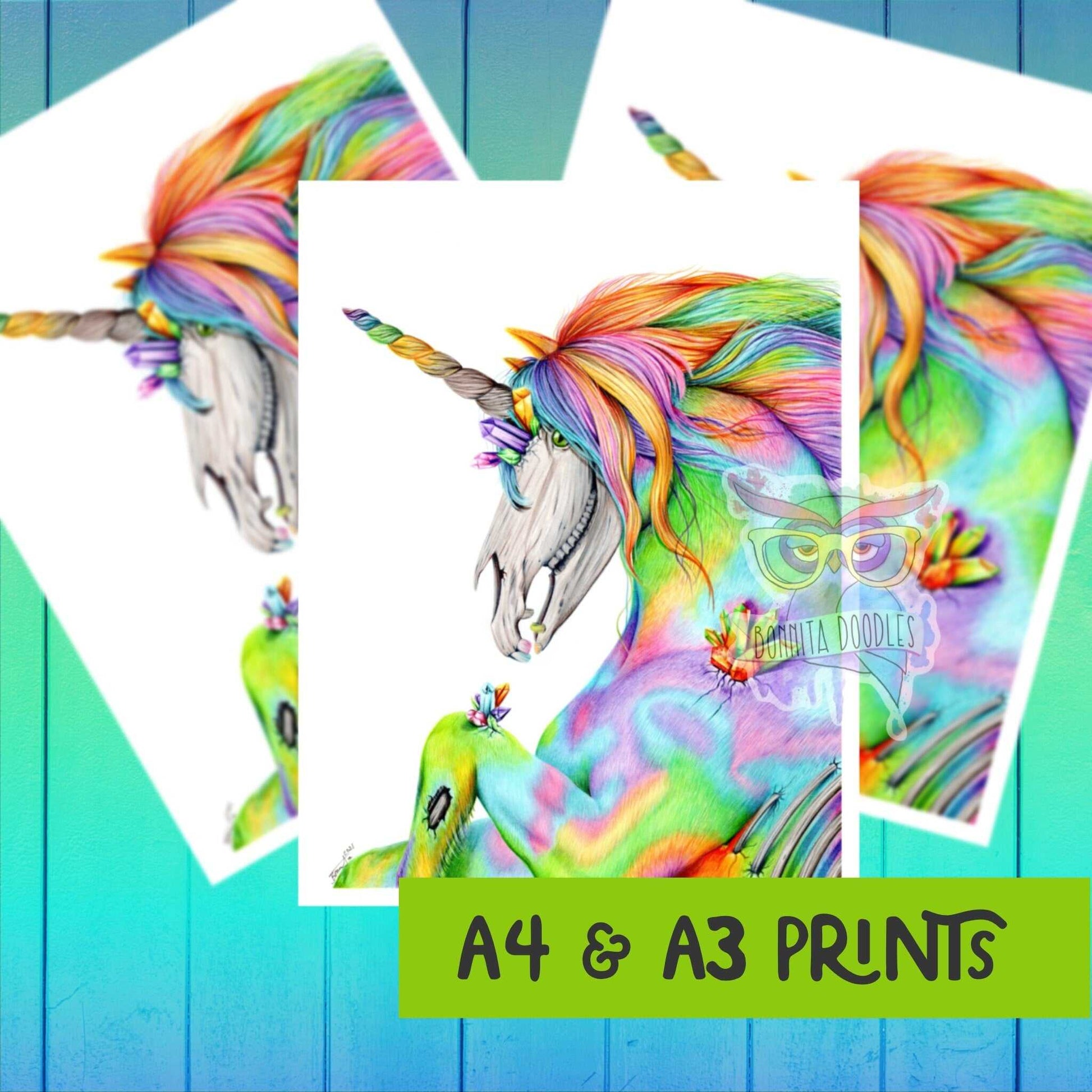 Skellycorn Opal rainbow skull unicorn print - home art print
