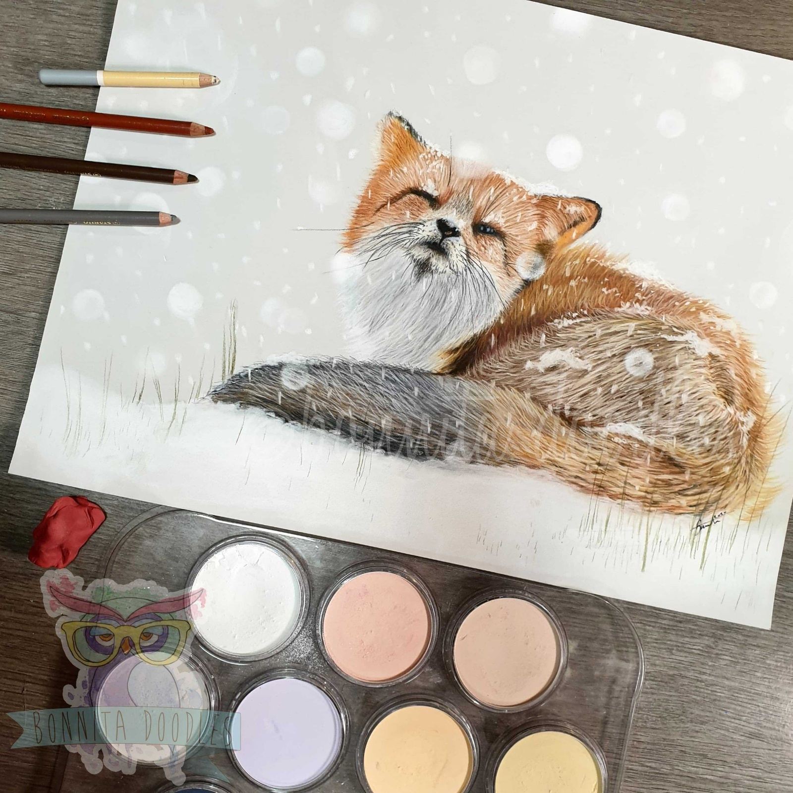 Winter fox - Original pastel drawing 12 x 15.5"