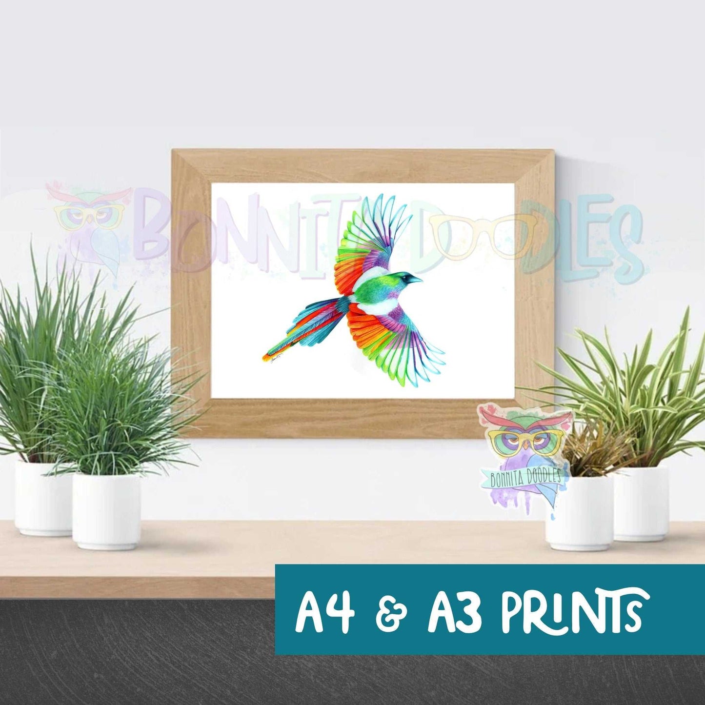 Rainbow magpie art print wall decor