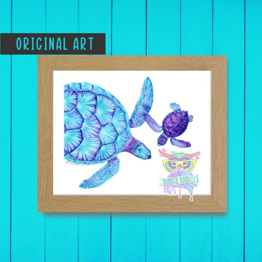 Sea turtles - mummy & baby - Original drawing