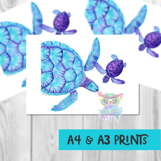 Sea turtle, mummy & baby - Sapphire Series. Home art print