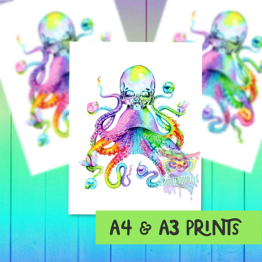 Skullypus Opal rainbow skull octopus print - Home art print