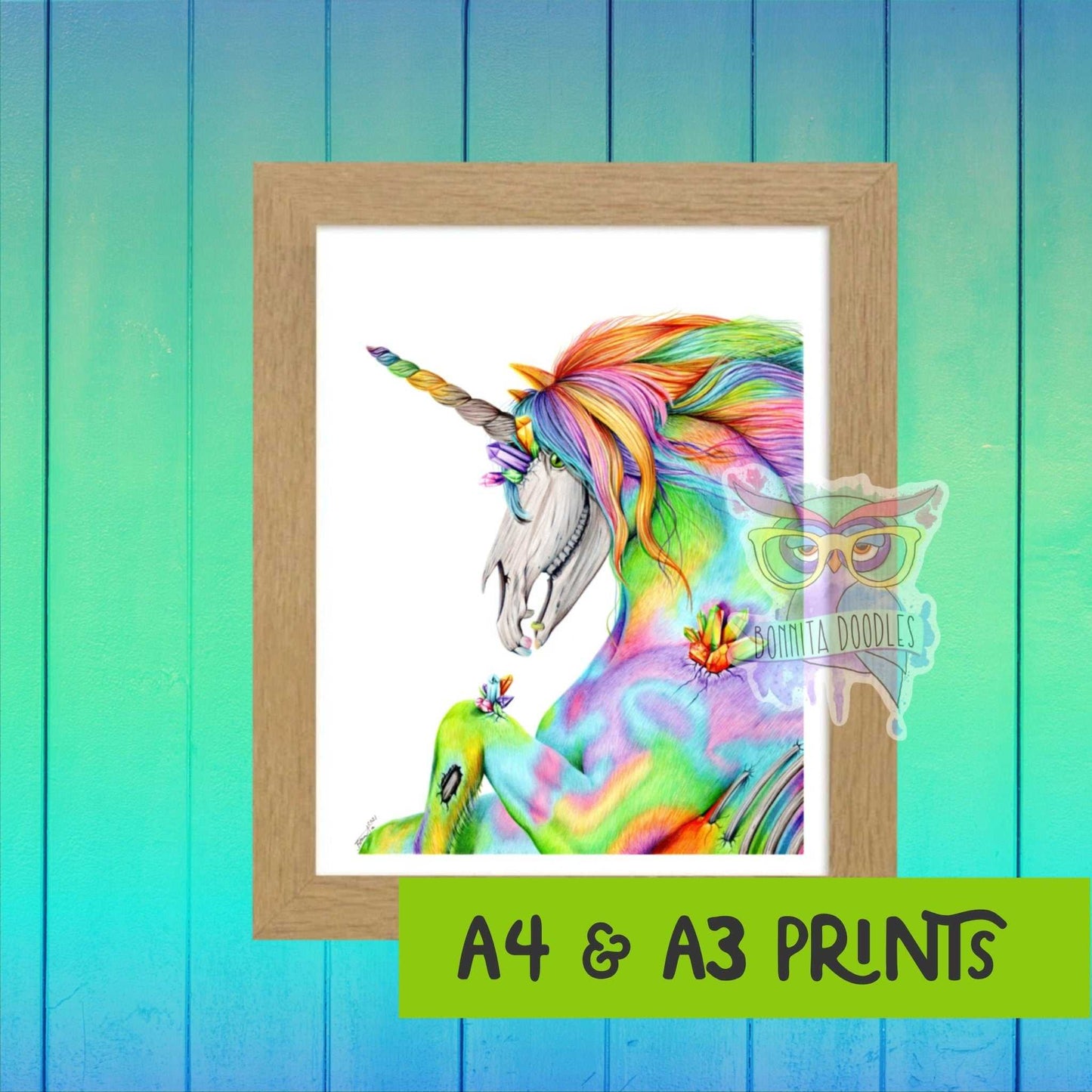 Skellycorn Opal rainbow skull unicorn print - home art print